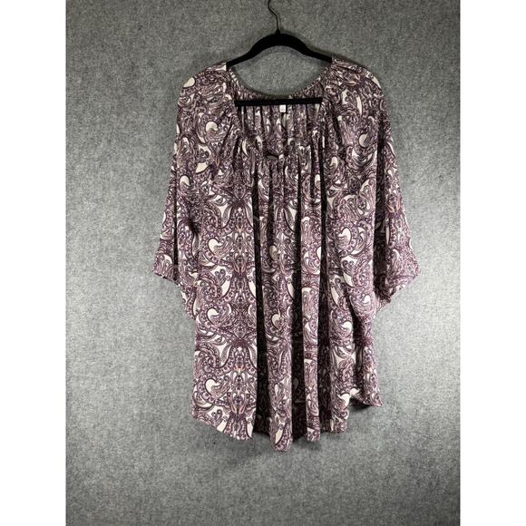 DR2 Top Women 2X Long Sleeve Purple Smocked Paisley Print Relax Artsy Boho Blous - Picture 1 of 7